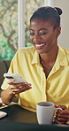 Woman, laugh and coffee in home with phone, social media and text message in lounge. Smile, beverage and African person at house with mobile app, browsing website and notification for comedy response