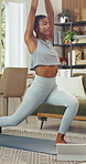 Yoga, woman or stretching with tablet in home for online class, core strength or morning fitness. Yogi, black girl and crescent lunge in virtual lesson for posture, health subscription or mindfulness