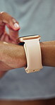 Hands, woman and touch with smart watch for fitness, timer and monitor heart rate for exercise. Athlete, person and runner with wristwatch for tracking speed, progress performance and sports results