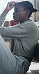 Stress, fatigue and black woman in home with bad news, breakup or anxiety attack in living room. Mental health, upset and African female person with disappointment, frustration or overwhelmed.