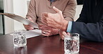 Hands, old man or agent with document in meeting for medicare options, long term care or explain. Talk, senior client or insurance broker with clipboard in home for beneficiary review, policy or help