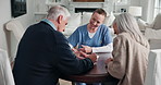 Senior, nurse and happy couple with signature in home for healthcare agreement or medical contract. Elderly, man and woman with caregiver, application or form for health insurance or deal in house