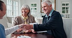 Senior, nurse and happy couple with handshake for healthcare agreement or medical contract in home. Elderly, man and woman shaking hands with caregiver or form for health insurance or deal in house
