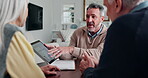 Meeting, old couple or agent on tablet in home for medicare options, long term care or help. Talk, senior clients or mature insurance broker with app screen for plan review, explain policy or advice