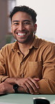 Laugh, face and man in office for creative career, about us and pride for advertising agency. Happy, portrait and person at desk for digital marketing, campaign and ambition for job opportunity
