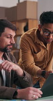 Team, men and discussion with laptop for shipping schedule, small business or review online delivery route. Conversation, people or company partner with tech for logistics agenda or supply chain info