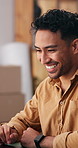 Happy, laptop and man in office for logistics, supply chain and shipping for delivery startup. Business, laugh and person on computer for inventory, distribution and online order for courier service