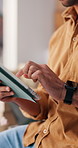 Hands, tablet and man in office for shipping, supply chain and logistics for delivery startup. Business, typing and person on tech for inventory, distribution and online orders for courier service