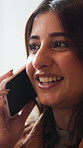 Phone call, happy and woman for online conversation, connection and chat for networking. Smile, talking and person on cellphone for contact, communication and speaking for gossip, news and update