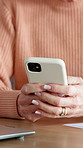 Senior, woman and hands typing with phone for browsing website, internet or retirement planning in home. Old person, scroll or research in house with tech, connection or mobile app for life insurance