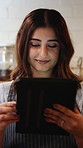 Tablet, happy and woman in coffee shop for online menu, stock checklist and supplier order. Restaurant, hospitality and person on digital tech for product update, customer reviews and website in cafe