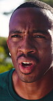 Fitness, breathing and tired with black man in nature for resting stop, runner and break. Health, exercise recovery and exhausted with person outdoor for fatigue, sports and endurance training