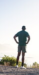 Vision, runner and back of black man in nature for workout break, fitness and reflection. Exercise rest, perspective and wellness with person thinking outdoor for health, training and self care