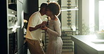 Morning, coffee and couple in kitchen with whisper, connection and talking for bonding in home. Happy, dating and black man and woman with drink for loving conversation, relationship and affection