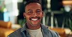 Happy, face and black man in home with glasses for chill, relax and peace for me time on weekend. Smile, house and portrait of person with frames for positive attitude, wellness and good mood on sofa