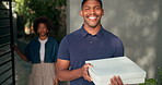 Face, delivery man and pizza box with smile for fast food, takeout and ecommerce by home front door. Courier, employee and people with portrait for takeaway, supply chain and service with gratitude