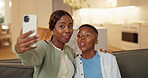 Selfie, mother or child in house with tongue out, fun picture or bonding post on weekend break. Digital, connection or black family with funny face, playful moment or memory capture for social media.