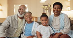 Face, grandparents and relax in home with children, love and support for bonding. Portrait, senior people or kids at house with affection, visit grandchildren and black family for babysitting weekend