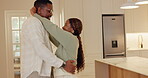 Romance, couple or smile with dance in home for bonding together, anniversary celebration or rhythm. Singing, happy black people and movement in house for marriage song, healthy relationship and love