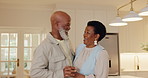 Talk, couple and laugh with dance in home for bonding together, anniversary playlist and rhythm. Holding hands, happy black people and movement in house for weekend fun, marriage celebration and love