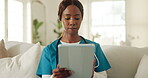 Black woman, nurse and tablet in home for healthcare, patient report or scroll telehealth app. Person, record medical info or online for caregiver schedule, agenda or medicine log with tech on sofa
