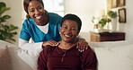 Happy, nurse and woman with face in home for medical assistance, social support and gratitude. Black people, caregiver and mature patient in assisted living for health service, bonding and kindness