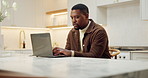 Laptop, typing and black man in house with remote work, check timesheet or report for HR administration. Human resources worker, person and review employee hours with computer, payroll and planning.