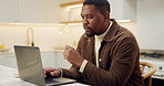 Man, thinking and laptop in home with remote work, check timesheet and report for HR administration. Human resources worker, black person and review payroll in house with computer, website and plan.