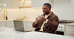 Remote work, laptop and black man with coffee in kitchen, financial feedback or send email for audit. Drink, home or freelance accountant with tech for report submission, bookkeeping records or smile