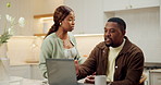 Black couple, laptop and disagreement in home with talk, angry woman and man with gambling problem. Question, frustrated person and partner with financial fail, money trouble and tech with debt