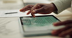 Hands, scroll and tablet screen in house with research, life insurance website and financial planning. Person, browse and reading info in home with digital tech, check terms and conditions for policy