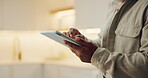 Tablet, scroll and hands of man in home for streaming service, movie search and media app. Online film platform, subscription and typing with person in house for connection and entertainment