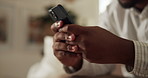 Man, hands and typing in home with phone, text message response or email notification for remote work. Person, browsing and freelancer in house with tech, business communication and check website.