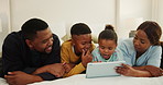 Happy, parents and children with tablet in bedroom, elearning or watching cartoons with subscription. Family, smile and black people with tech on bed, scroll and online education for kids in house