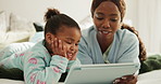 Happy, mom and child with tablet in bedroom, elearning and watching educational cartoons on website. Family, home and black woman with girl on bed, knowledge and app subscription for online education
