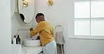 Morning, toothbrush and basin with black child in bathroom for brushing teeth, cleaning and dental. Self care, oral hygiene and gum health with kid in home for plaque prevention, mouth and wellness
