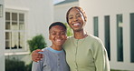 Face, mother and child in front yard with new home, property investment and embrace for real estate. Black people, woman and hug outdoor with son, dream house and happy family bonding for relocation.