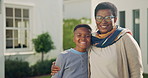 Face, grandma and child in front yard with new home, property investment and hug for real estate. Black people, senior woman and embrace with boy, grandparent house and family outdoor for relocation.