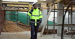 Man, engineer or phone call on construction site for discussion, compliance update or planning. Inspector, black person or tech at scaffolding for project feedback, talk or happy with quality control