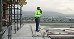 Construction, man and inspection phone call on site for project update, building progress or talk. Foreman, black person or mobile chat with client for renovation reporting, confirm safety or explain