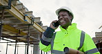 Man, engineer and phone call on construction site for planning, compliance update or blueprint. Architect, black person and tech on worksite for project feedback, talk or happy for deadline extension