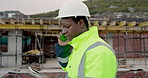 Man, engineer and phone call on construction site with tablet, compliance update or planning. Architect, black person and tech on worksite for project feedback, talk or negotiate deadline extension