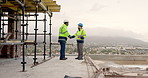 Civil engineer, handshake and men with tablet on construction site, team and planning for renovation. City, architect and happy people with tech, shaking hands and agreement for property development