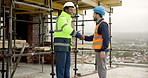 Team, handshake and men with tablet on construction site, talking and planning for renovation on web. Architect, agreement and happy people with tech, shaking hands and property development in city