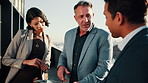 Business, people and talk on balcony with tablet, real estate collaboration and property management. Realtor, team and conversation outdoor in city with tech, strategy and plan for urban development.