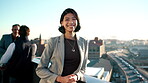 About us, face and property with business woman on rooftop in city for real estate or urban development. Infrastructure, project management and smile with happy broker outdoor for commercial building