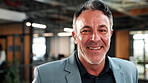 Happy, corporate and man in office with face, career pride and about us with real estate agent. Portrait, mature realtor and laugh at agency with ambition, positive attitude and property development