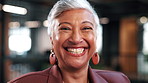 Happy, business and woman in office with face, career pride and about us with real estate agent. Portrait, mature realtor and laugh in workplace with ambition, positive attitude and property auction