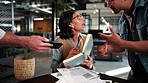 Timelapse, stress and woman with team for multitasking, pressure or chaos for project approval. Creative, office and person with documents, help or overwhelmed for productivity, crisis and deadline