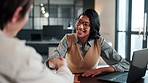 Business, merger or woman in workplace with handshake, greeting or negotiation in b2b deal. Networking, happy or employees in office with shaking hands, agreement or opportunity in partnership.